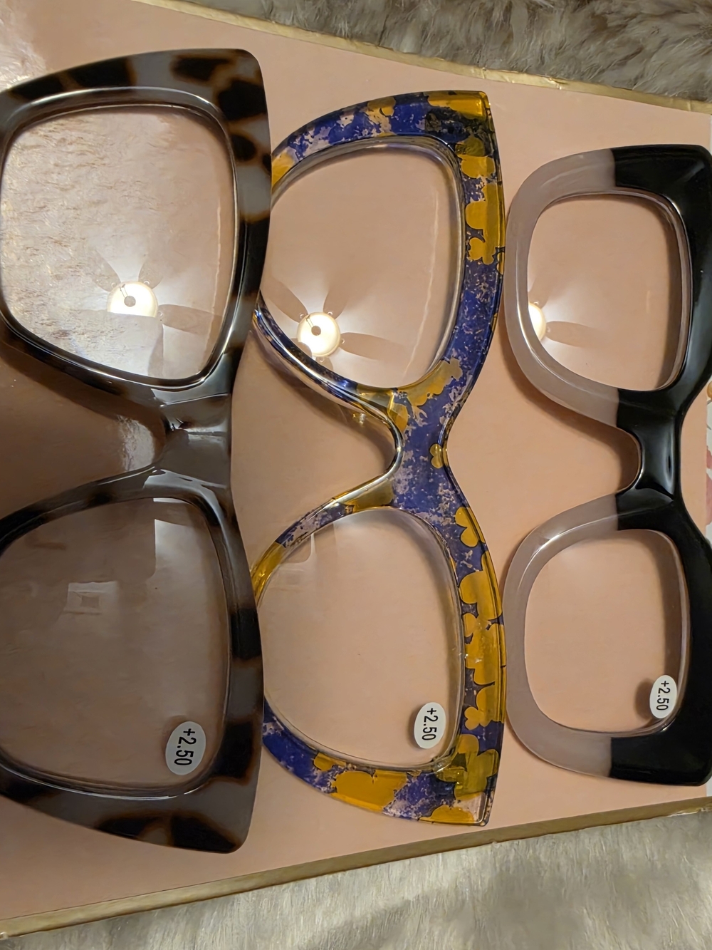 Fashion Reading Glasses Trio — Blue & Yellow Patterned, Black, and Tortoiseshell